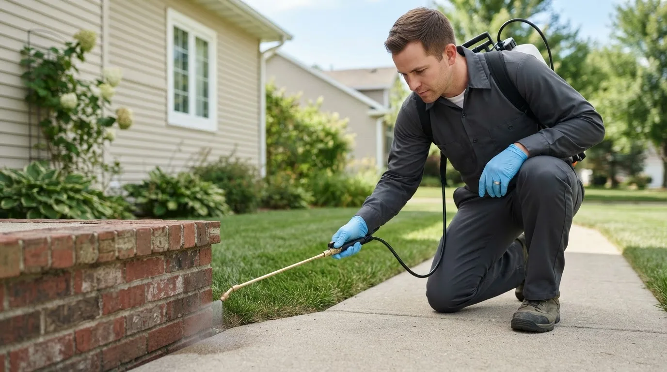 Pest control technician treating a home near Rushville, IN