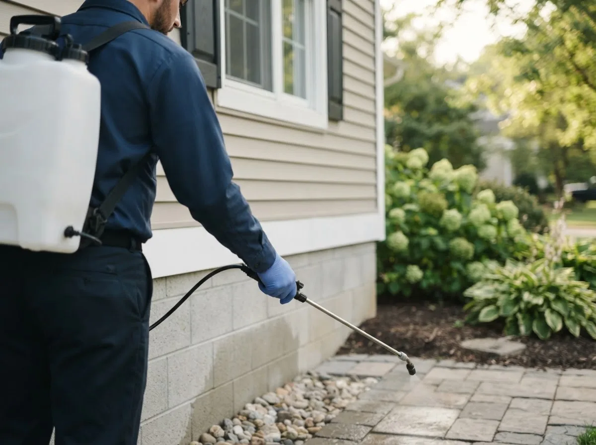 Pest control technician inspecting a home in Rushville, IN